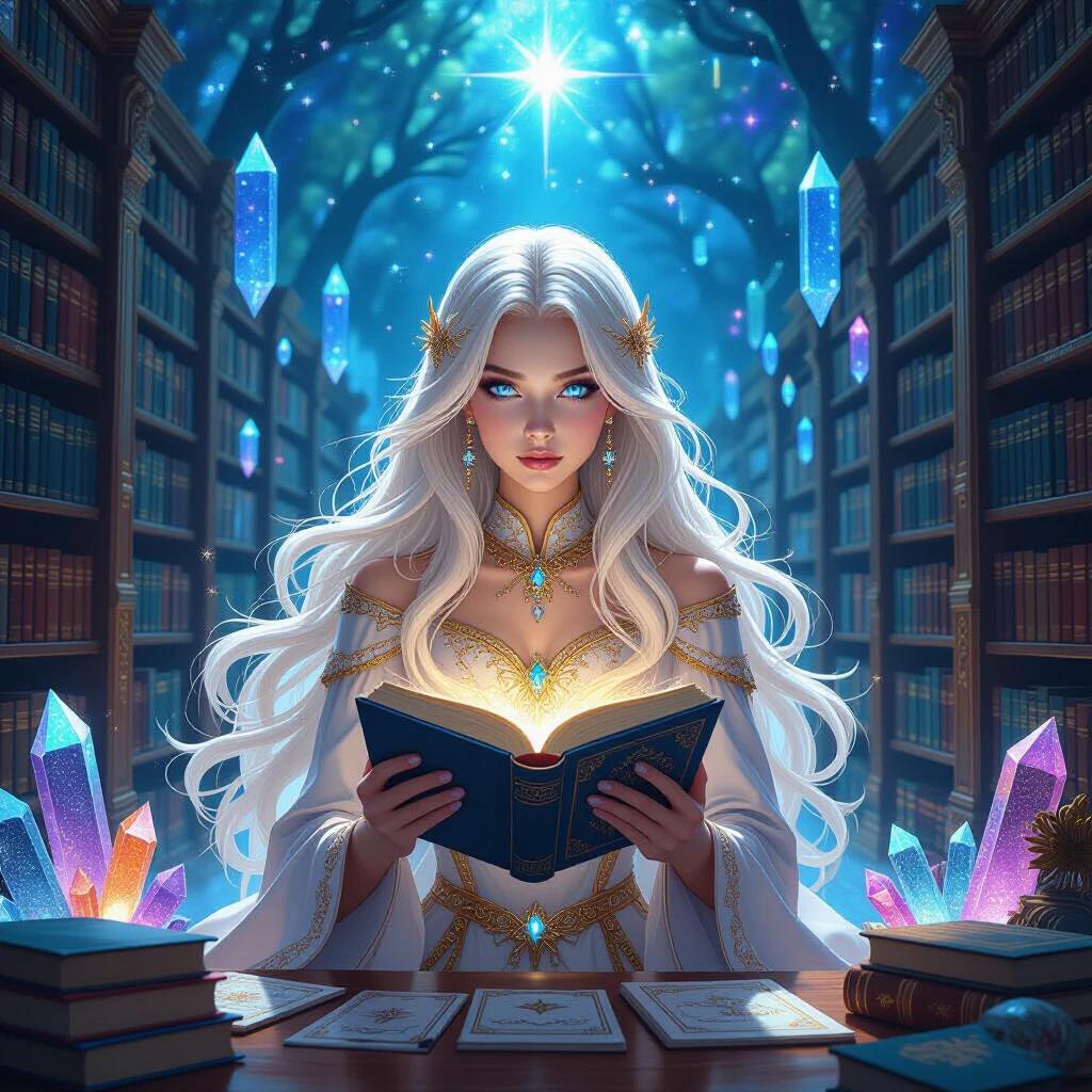 A beautiful and mysterious celestial librarian sorceress with long pure blonde hair and deep blue eyes. She reads a book surrounded by towering shelves filled with mystical books and glowing crystals. The vibrant colors are reminiscent of deep space art.