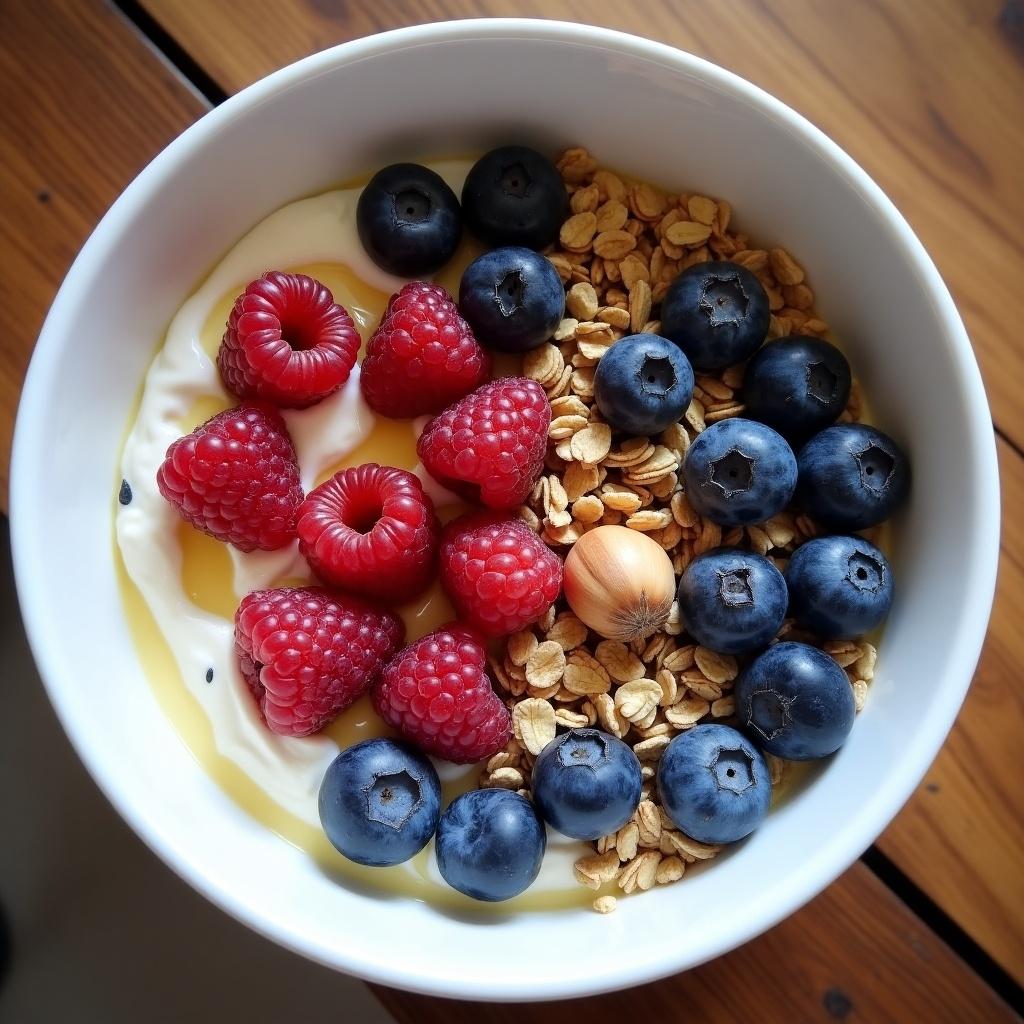 A large yogurt bowl filled with granola topped with raspberries, blueberries, and hazelnuts, drizzled with honey. Chia seeds are incorporated as well.