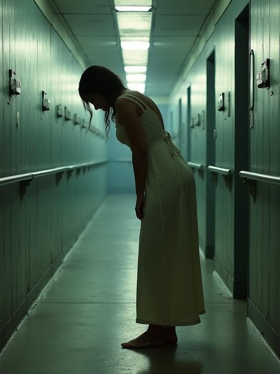 Woman in a prison hallway bending over to fix her dress. Low resolution, pixelated aesthetic. Bright unnatural colors with a green hue, reminiscent of early photo filters.