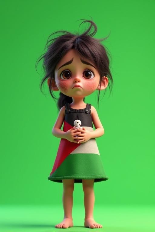3D animated character of a young girl aged 6-8. The girl wears a dress patterned like the Palestinian flag. Her face has dirt, scratches, and subtle burn marks showing vulnerability. She looks sad with tears in her eyes, has messy hair, and stands barefoot. She holds a small stuffed toy. The background is plain green with soft even lighting. The style is semi-realistic or similar to Pixar, conveying a serious and emotional tone.