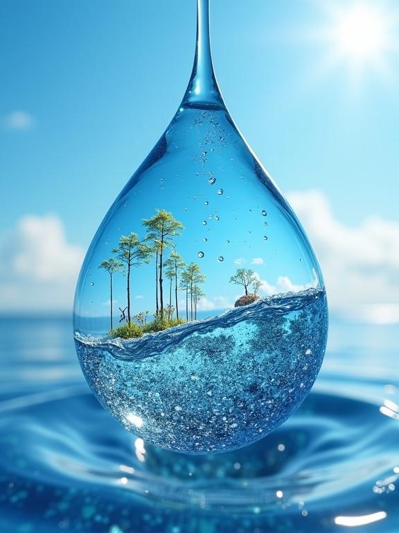 An intricate blue water droplet magnifying a miniature ecosystem of tiny plants and white milk swallowers. The orb dangles in air against a blurred blue sky background. Scene highlights the connection between water and life.