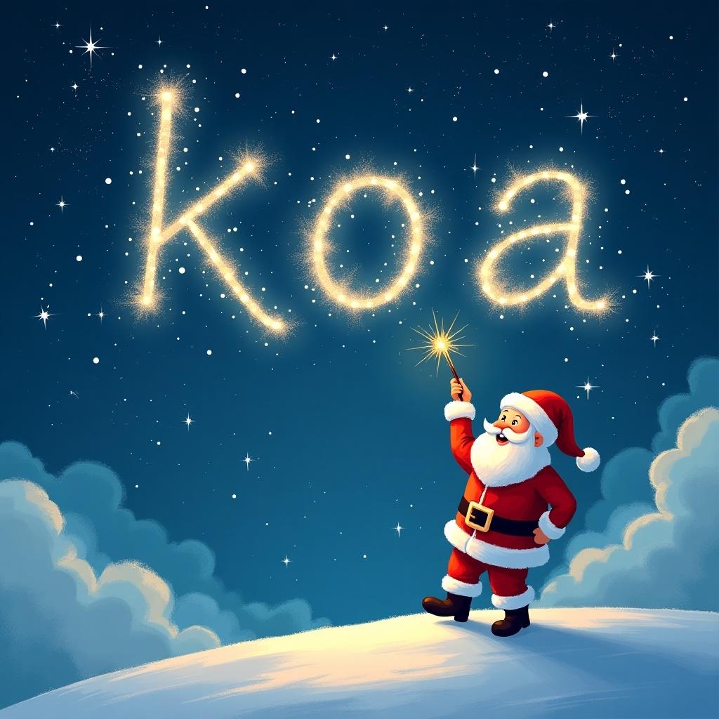 Santa Claus writing koa in the sky using a sparkling wand. Joyful winter scene with snowy clouds and starry night.