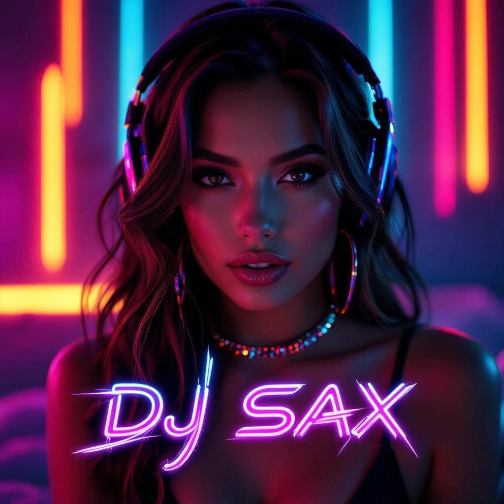 Close up of a dark neon classy bedroom with RGB colors. Artistic album cover. Features futuristic writing: DJ SAX.