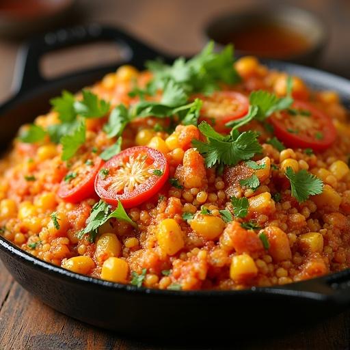 Vibrant paella Valenciana in a cast iron pan. Ingredients include rice, corn, tomato, and cilantro with slices of red chili peppers. Colorful presentation with a rustic setting.
