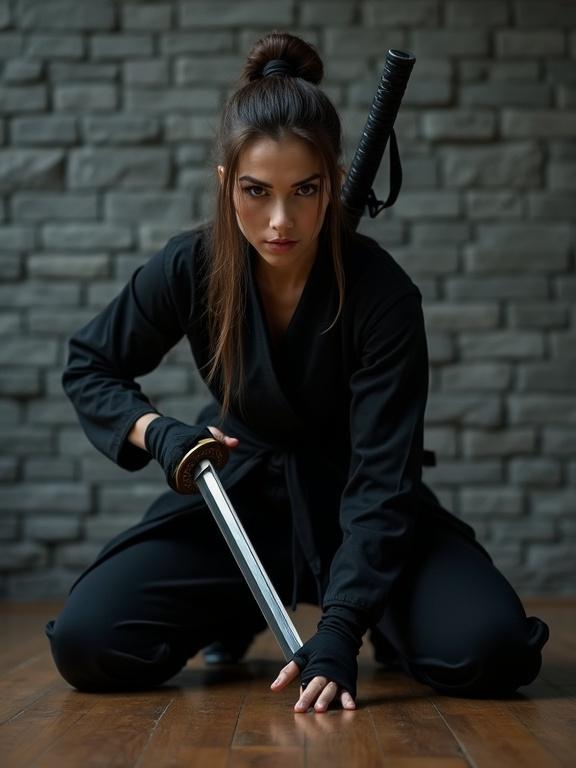 Full shot of a poised ninja woman with a katana. Second sword rests on her back. She wears a black ninja outfit with a thick belt. Toned abdomen is slightly visible. Serious expression with sharp eyebrows. Long brown hair in a ponytail. Crouching on a wooden floor. Textured grey brick wall in the background. Dim lighting creates shadows and highlights. Tense atmosphere suggests readiness.