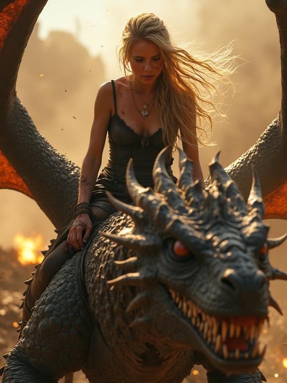 A war-torn battlefield setting. A young woman with blonde hair in torn leather rides a large drake. Her skin glows amidst dirt and blood. The dragon has smoking nostrils and jagged wings. Sparks and ash fill the air in a golden light.