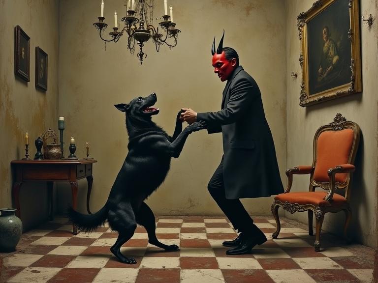 Surreal gothic painting of a masked figure dancing with a black dog in an elegant decaying interior. The figure wears a red devil mask and dark suit. The dog stands on hind legs with a smile. Interior features checkered floor, textured walls, aged furniture like chandelier and ornate chair. Use muted earthy colors, soft ambient lighting to enhance shadows. Mood is unsettling, mysterious, humorous.