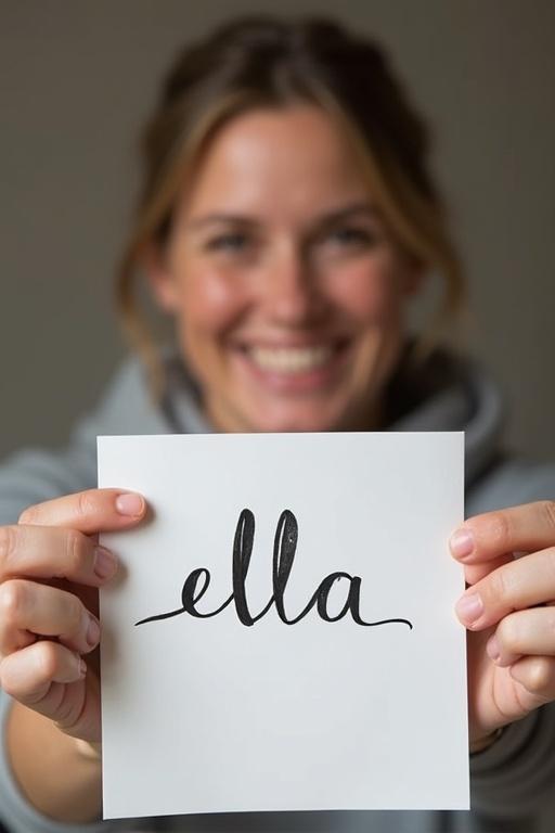 Person holding paper showing handwritten name 'ella'. Smiling expression visible. Right arm and hand in view.