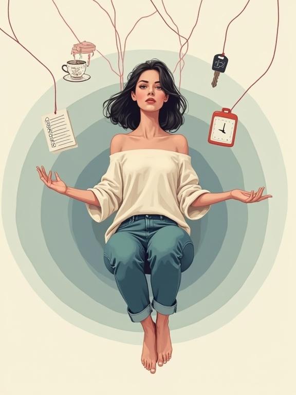Realistic surreal illustration of a floating young woman in casual jeans and a loose sweater. She is in mid-air in a soft seated position. Her expression is calm but her eyes show tension like porcelain under pressure. Behind are layered circular graphics in muted cool tones. Floating above her are thin red strings connecting fragile objects: a teacup, a key, a to-do list, and a phone. Some strings snap mid-air. Her hair floats upward. Typography in bold serif font: 'I’m holding it together. Loosely.' Background is transparent with padding.