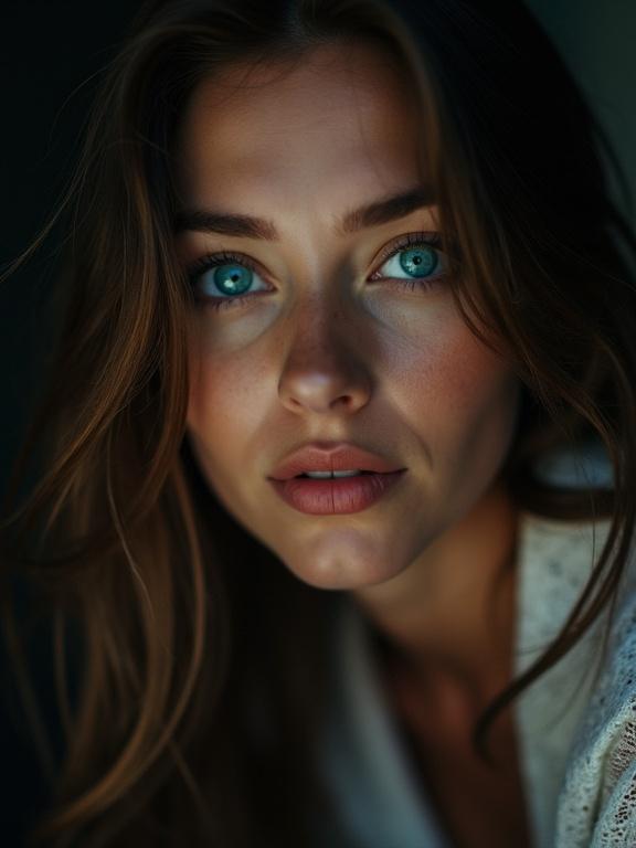 Close-up macro portrait of a woman with turquoise blue eyes. She leans towards the camera for an intimate moment. Chiaroscuro lighting contrasts with a dark background.
