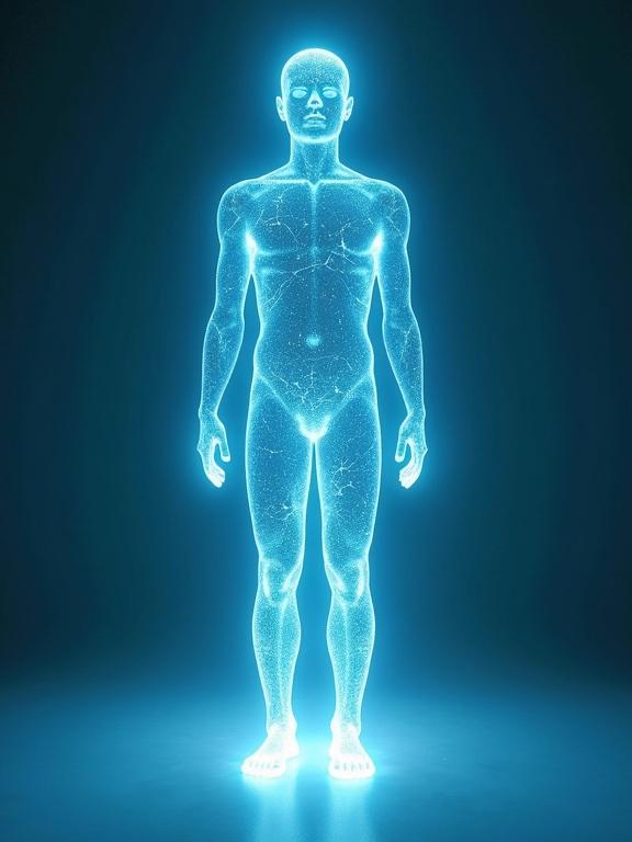 A human figure made of transparent glass shows cracks. A glowing sky-blue liquid fills the figure from the feet upwards. The cracks are repaired as the liquid rises. The figure shines with serene light. The atmosphere is calming, transforming, and cleansing.