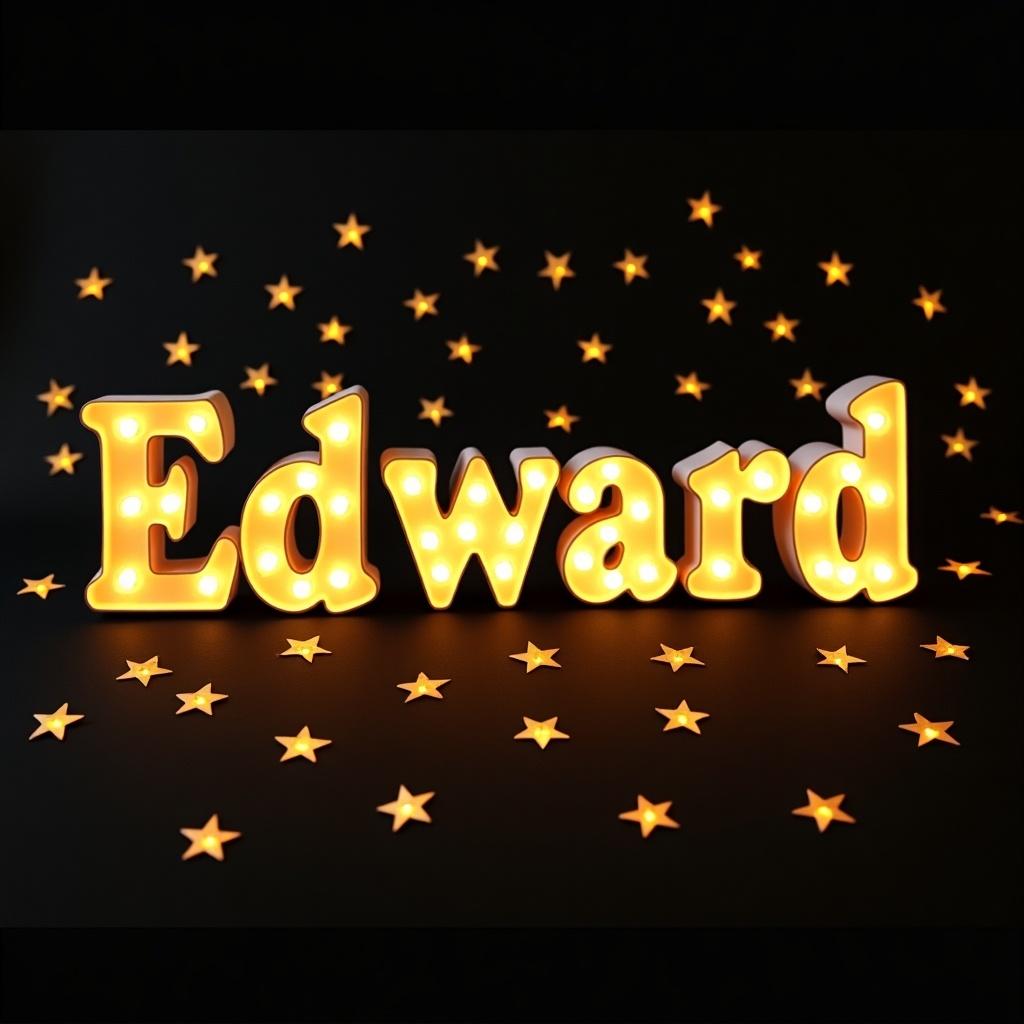 The image features the name Edward in bright marquee-style letters with warm lights. The letters are surrounded by small golden stars scattered across a dark surface. The festive arrangement creates an inviting atmosphere suitable for special occasions.