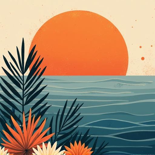 Abstract illustration of sea with plants in the foreground at sunrise. Features a large burnt orange sun against a calm sea. Boho and MCM art style.