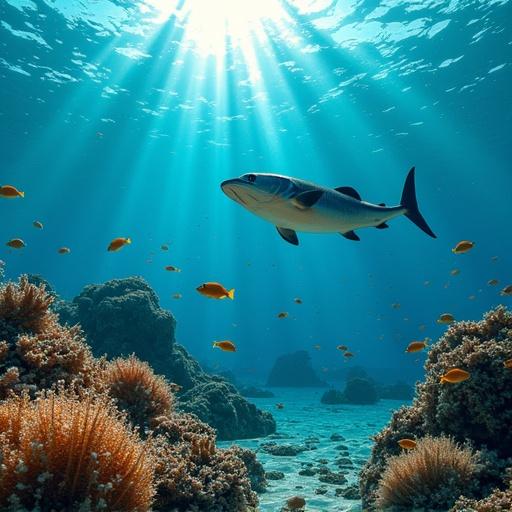 A vibrant underwater scene filled with colorful fish swimming over coral reefs. Light beams penetrate the water, creating a lively atmosphere. Various species of fish are visible, showcasing the diversity of marine life.