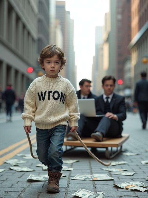 Realistic city street scene on a clear day. A boy around 7 years old walks forward pulling a wooden sled. He wears a cream sweater with large text 'WRONG,' jeans, and boots. His focused expression shows effort. Two business adults sit behind him on the sled. They wear formal clothing and use laptops, not engaging with the boy. The urban background features tall buildings and scattered dollar bills. The lighting is soft and natural, emphasizing photorealism without blurring.