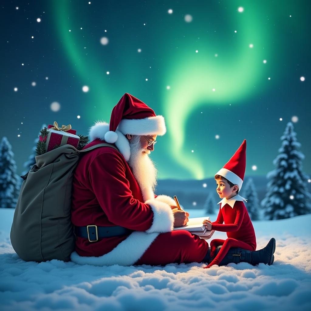 This image shows Santa Claus and an elf from the Elf on the Shelf tradition sitting in a snowy setting. They are surrounded by stunning northern lights that illuminate the dark sky. Santa is focused on writing something as he looks at the eager elf beside him. The scene is calm and magical, featuring a snowy ground that reflects the colors of the aurora borealis. It captures the joyful spirit of Christmas, perfect for holiday-themed content and celebrations.