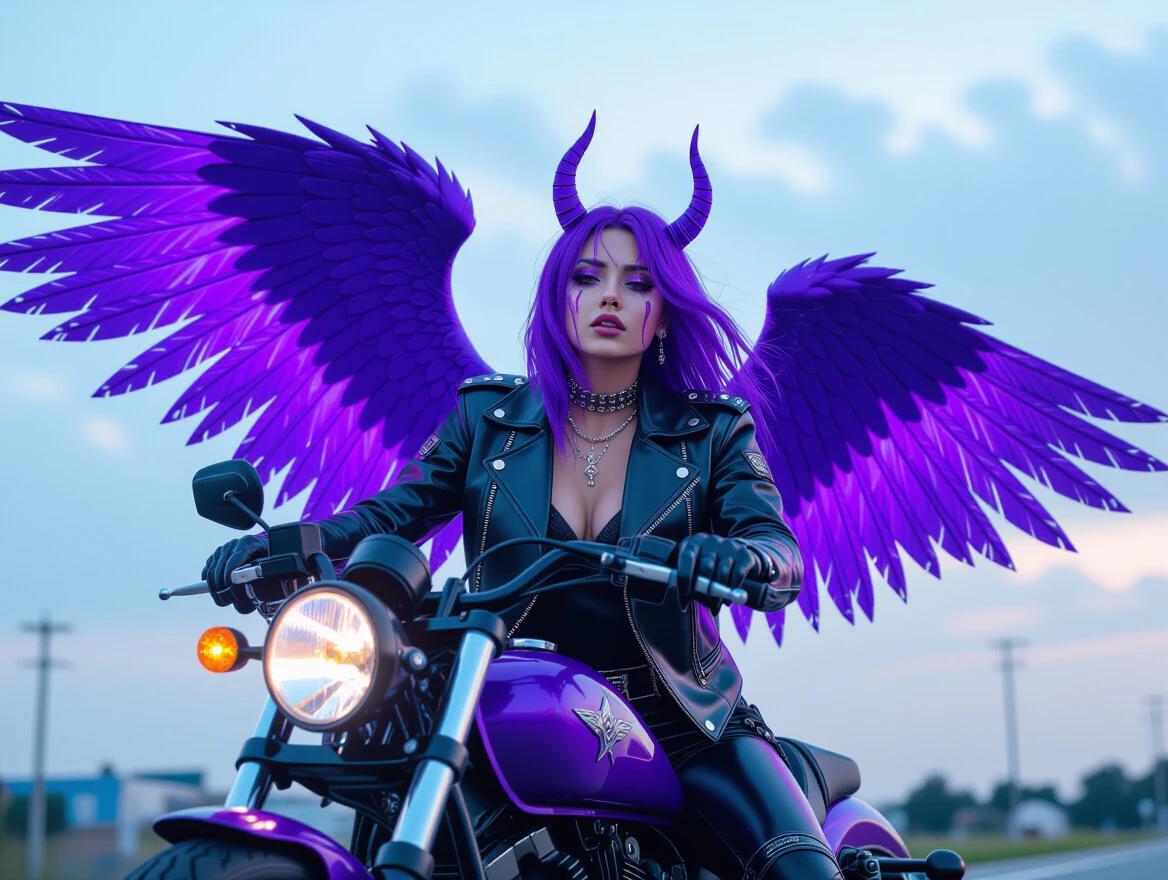 A cyberpunk angelic figure with vibrant purple wings rides a motorcycle. The character has a bold style with a leather jacket and purple hair. The scene captures an ethereal look against a twilight backdrop.