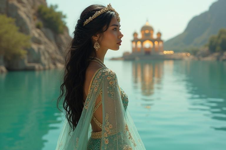 Wide view of a tall princess in an Arabian-style outfit. Turquoise attire with gold embroidery and sheer overlay pants. Shiny black hair and bold jeweled headpiece. Glowing temple floats over still lake. Expression shows sacred awe.