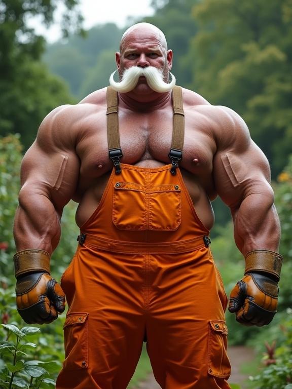 Colossal bodybuilder is in 3/4 view showcasing muscular physique. Enormous biceps and thick white mustache. Wearing orange overalls with glossy rubber boots and leather gloves. Muscular arms dominate foreground. Sweaty skin reflects light. Background is overgrown garden. Realistic photograph captures raw power and authority.