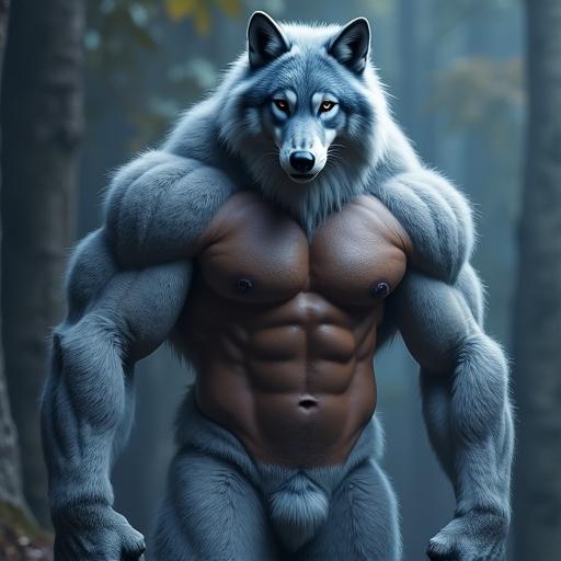 A beefy blue wolf with a muscular physique standing in a misty forest environment. The character is stylized with anthropomorphic traits and prominently features a strong build.