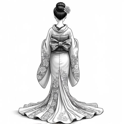 Black and white line art illustration featuring a woman from the back in a traditional Japanese furisode kimono. Hair styled in an intricate updo with a flower accessory. Kimono has detailed floral patterns and a wide obi with a large musubi knot. Full body shot against a white background.