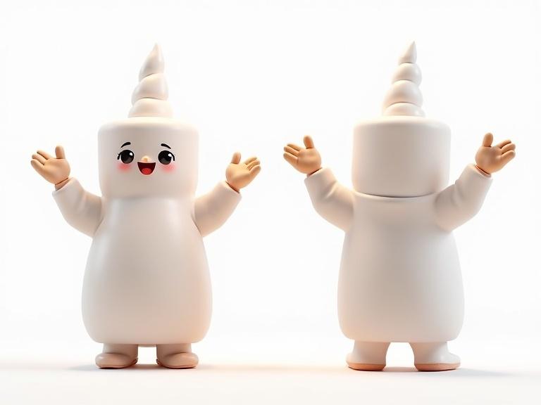 3D anthropomorphic marshmallow mage in T-pose displaying magical casting. Character shows hands raised casting sugar spark magic. Presented in three angles; front, side, back. Clean white background highlights character. Designed in Pixar animation style with neutral lighting.