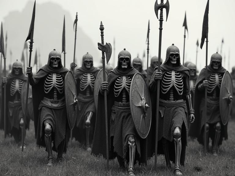 Numerous skeleton warriors march in formation. They display various armor styles including plate and chainmail. Each skeleton wields shields and weapons. Some have visible skeletal features. The image captures a dynamic battle atmosphere with contrasting light and shadow.