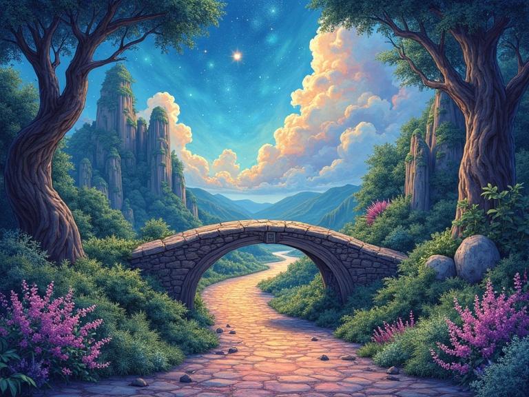 A whimsical illustration depicting a magical bridge connecting a mysterious pathway to a fantastical realm. The scene is rich with vibrant landscapes, lush plants, and a celestial sky. Features holographic colors and shimmering effects to create an enchanting atmosphere.