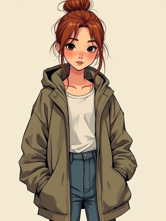 Full body portrait of a teenage girl with auburn hair in a messy bun wearing an oversized olive green jacket over a white shirt and high-waisted blue jeans. She has freckles, dark eyes, slender hands, and a skinny body. The style features smooth lines and shading with soft and diffused lighting.