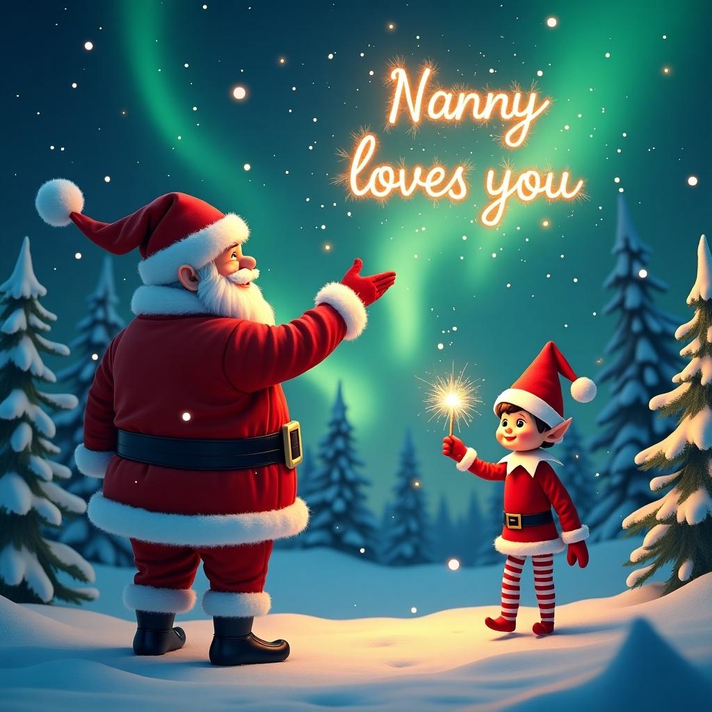 Santa Claus and an elf in a snowy landscape with northern lights. Writing in the sky using sparkler script. Magical holiday atmosphere. Includes falling snowflakes and festive trees.