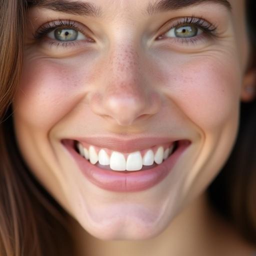 Portrait of a smiling woman with brown hair. Clear bust shot of the face. Natural light focusing on facial features. Showcasing a gentle and joyful expression with teeth exposed.