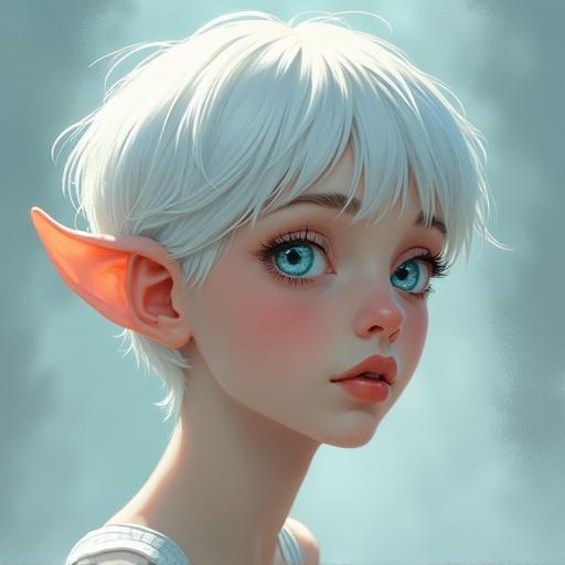 A portrait of a female elf with white short pixie hair and blue eyes. The character has soft skin and a gentle look. Lighting is soft and diffused. The style features smooth lines and shading.