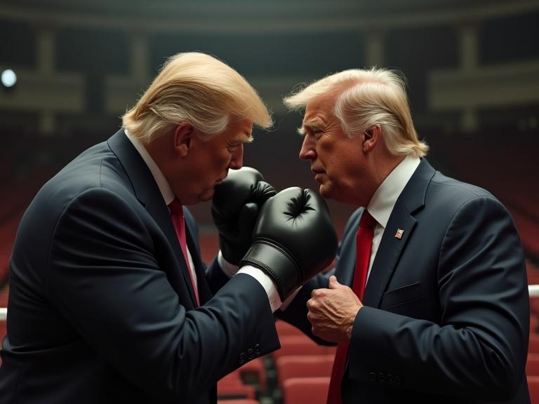 Two versions of Donald Trump in a boxing auditorium. Both wear black boxing gloves. They face each other. Tension is evident in the gesture.