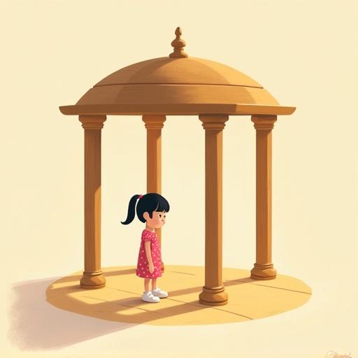 Soft, flat-style children’s illustration of a pavilion with four columns. Includes a central column and a girl named Leila. She wears a pink dress and white shoes. Leila looks angrily at her shadow on the wooden floor. The scene has warm colors and gentle lighting.