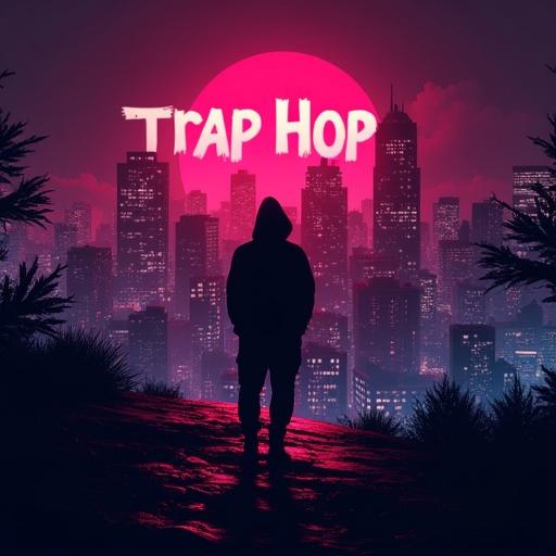 Angry dark neon RGB city silhouette on a hip hop album cover with bold text