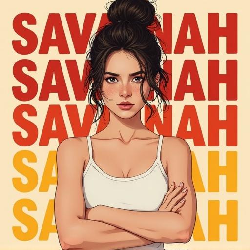 A young woman with pale skin and freckles. Dark brown hair in a messy bun with loose strands. Standing with arms crossed. Wearing a white spaghetti strap tank top. Serious and intense expression. Beige background filled with large bold stylized text in red, orange and yellow tones reading SAVANNAH in mixed fonts. Modern illustrated poster style. High detail. Sharp focus.
