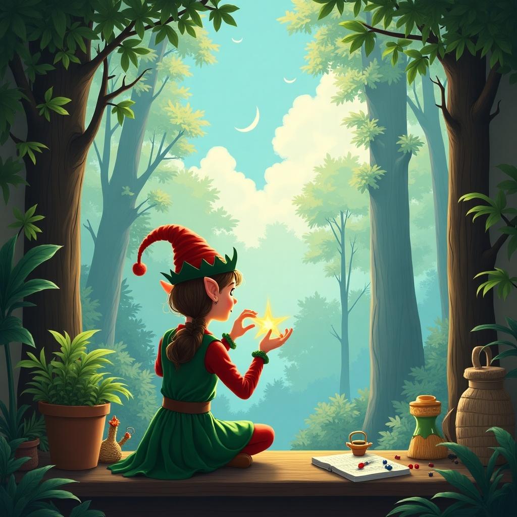 In a magical forest, a young elf with pointed ears and a festive outfit sits on a wooden platform. She is holding a glowing star in her hands, amidst lush greenery. The background contains tall trees with soft, ethereal light filtering through the leaves. In the sky above, Ava's name is written in whimsical cloud-like letters, surrounded by hints of blue and white. Small woodland elements like a cozy basket and a charming little gnome add to the enchanting scene, creating a perfect festive atmosphere.