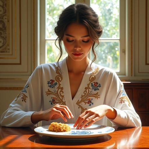 A scene with a Dutch woman wearing a white kebaya and vibrant batik. She is at a mahogany dining table. Her hands are arranging perkedel on a porcelain plate. The room has Art Deco style, high ceilings, and geometric wall patterns. Sunlight streams through a tall window, highlighting the setting and her expression.