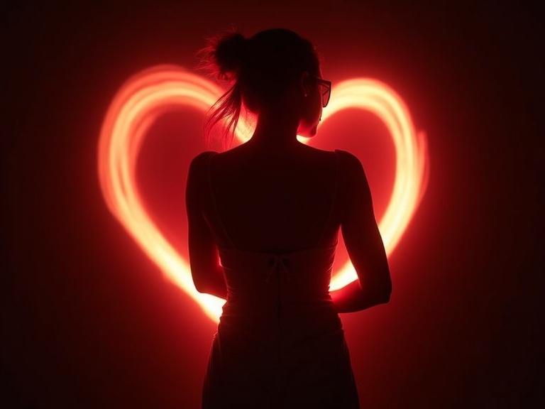 Light painting technique creates a red heart shape with a silhouette of a woman seen from behind. Feminine figure contrasts against dark background. Artistic and romantic.