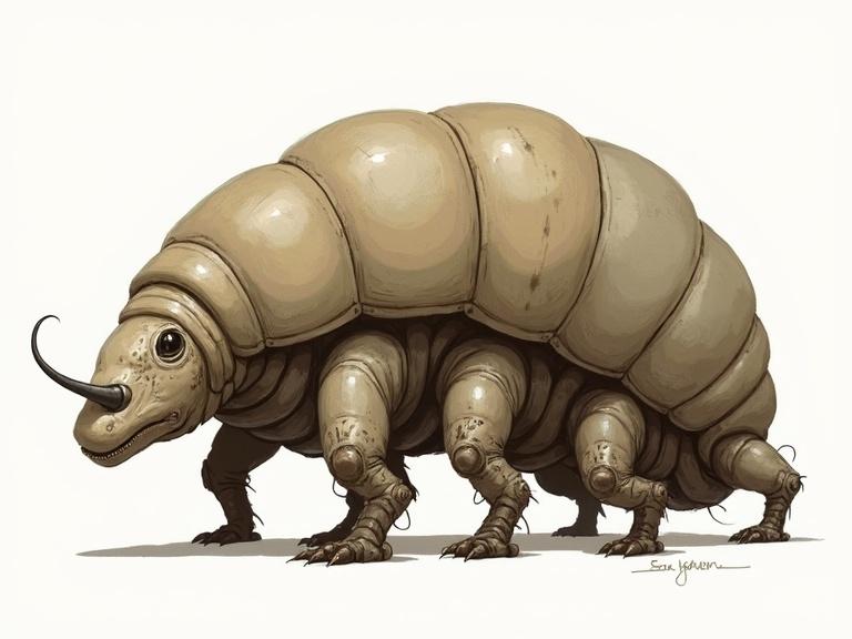 Creature design inspired by woodlouse and tardigrade. Features segmented armored exoskeleton overlapping plates. Short legs with tiny claws. Soft plump body. Multiple limbs. Rounded head with small antennae and a tubular snout. Compact and low to ground with symmetrical design.