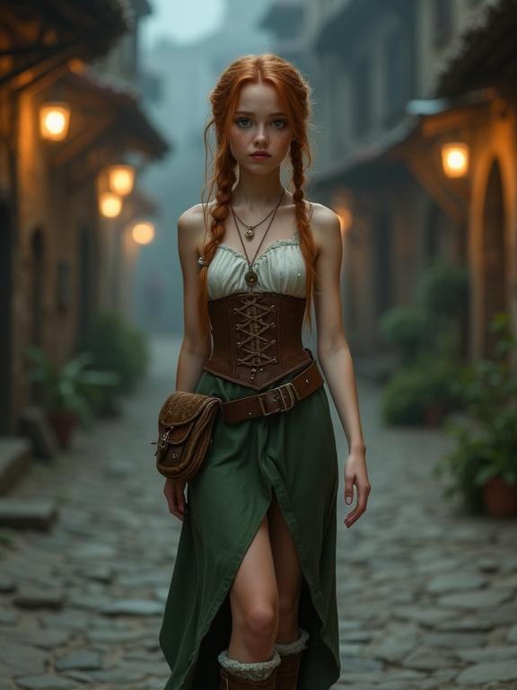 A pretty teenage girl walking in a deserted medieval city street at midnight. She has long auburn hair tied in a ponytail. Her outfit includes a white top, a brown corset, a split dull green skirt, and traveling boots with knee socks. Her expression is sad. The atmosphere is mysterious and enchanting.