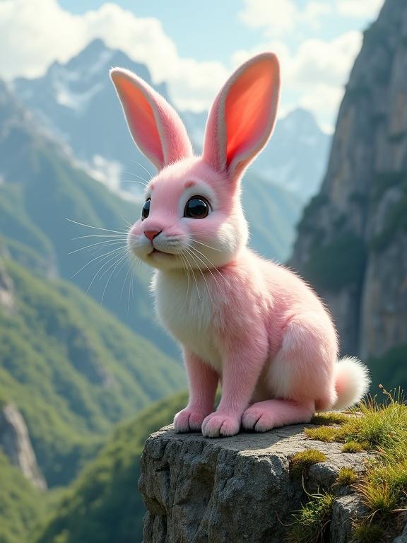 A giant pink and white rabbit stands on a rocky cliff. The rabbit has soft fur and large expressive eyes. It poses confidently with paws slightly forward and ears perked up. The mountainous background features lush green scenery and a serene sky. The lighting is warm, enhancing the charm of the rabbit. Subtle details include its fluffy tail and delicate whiskers catching the light.