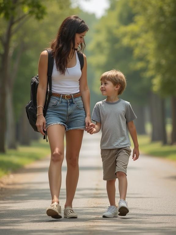 Mother and son walking hand in hand on a school day. Mother wears micro shorts and a tank top. Child is smiling and wearing casual shorts. Background features leafy trees and a quiet road.