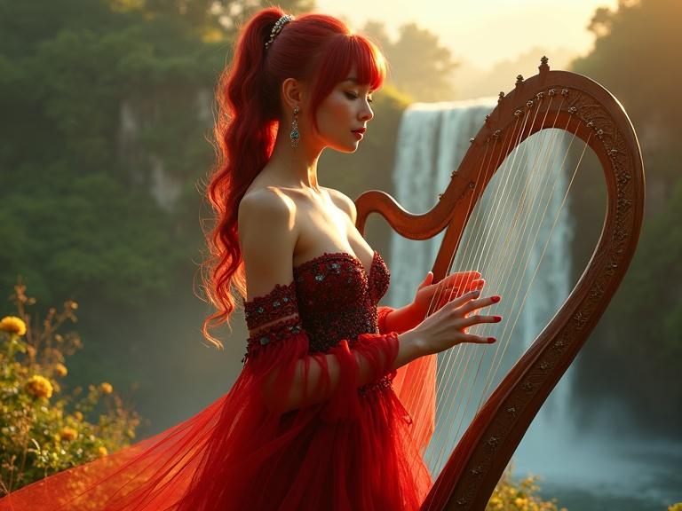 Create an artistic image featuring a woman with a stylish figure wearing a luxurious red dress. She has red hair in a ponytail with bangs and green eyes. The dress should showcase elegant details. The background features green land with a beautiful waterfall during sunset. She holds a luxurious harp, appearing cute with a flirty demeanor, enhancing her beauty. The harp should look extravagant, complementing her overall appearance.