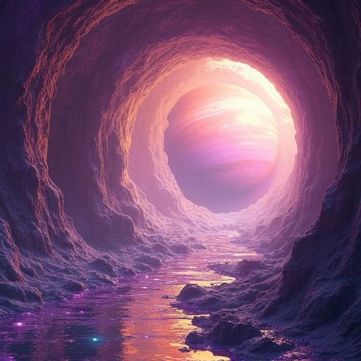 Digital painting of a rocket cockpit made of crystal with a view of a gas giant planet. Ethereal sci-fi fantasy style featuring kaleidoscopic panels and a prismatic glass canopy. Colors include amethyst and gold with planetary glow illumination. The artwork is inspired by Roger Dean's style and is created in 8k resolution.