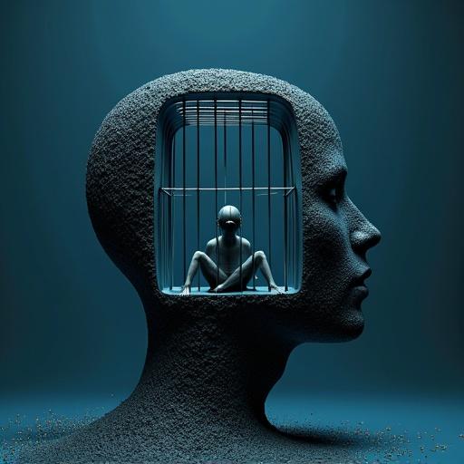 Digital art representing a human head shaped like a cage. The top half of the head faces right. Inside the cage, a small figure sits with a downward gaze. Dark blue background enhances elements. Cage composed of intricate patterns and designs. Theme signifies being a prisoner of one’s own mind.