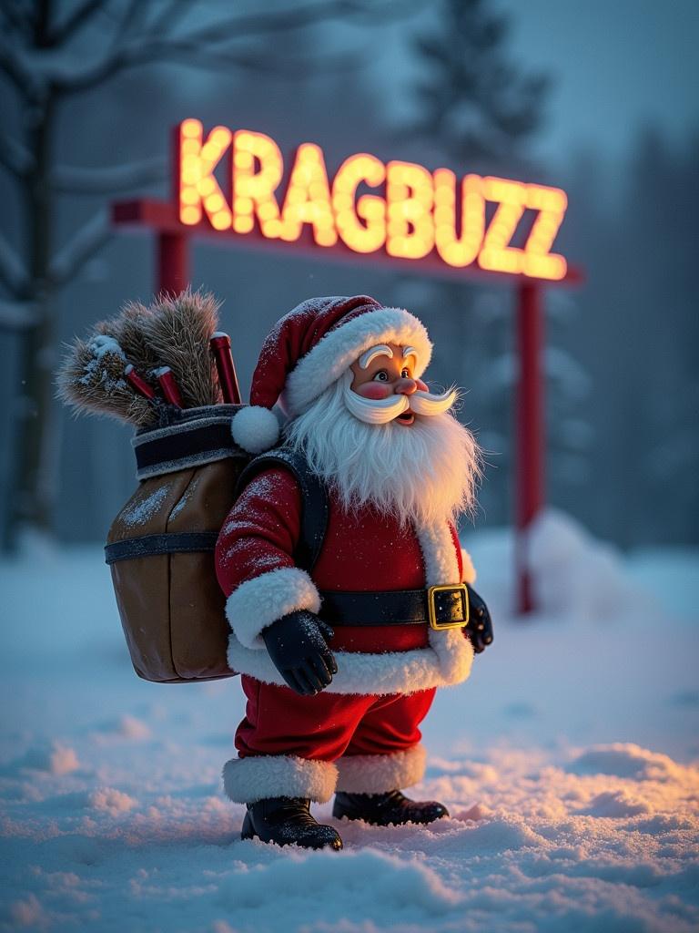 Magical Santa Claus figure stands in snow-covered cricket ground. Cricket gear bag on back. KRAGBUZZ displayed in glowing lights.