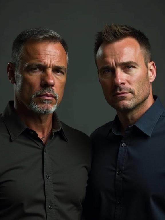 Two men with serious expressions pose together. They are staring directly into the camera. The background is dark, emphasizing their features. Both wear fitted shirts. Their expressions convey strength and intensity.