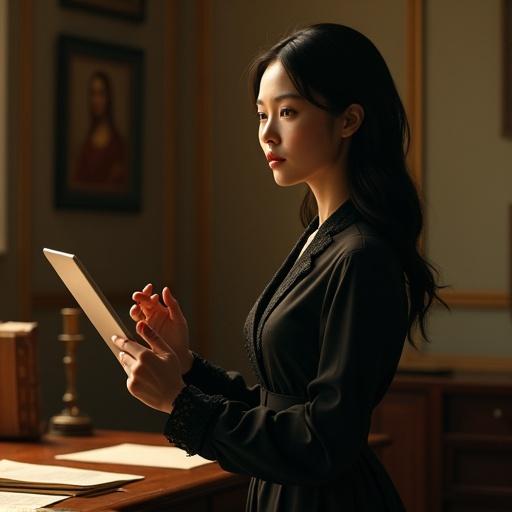 Highly realistic female android secretary stands near a desk. She holds a document or tablet. One hand gestures as if explaining. Upright and confident posture conveys professionalism. Body slightly turned to add elegance and depth. Hair is glossy black with soft waves. She wears a dark long-sleeve blouse and a mini skirt suit. Circuit patterns glow faintly on her skin. The background is a dimly lit study room with warm light.