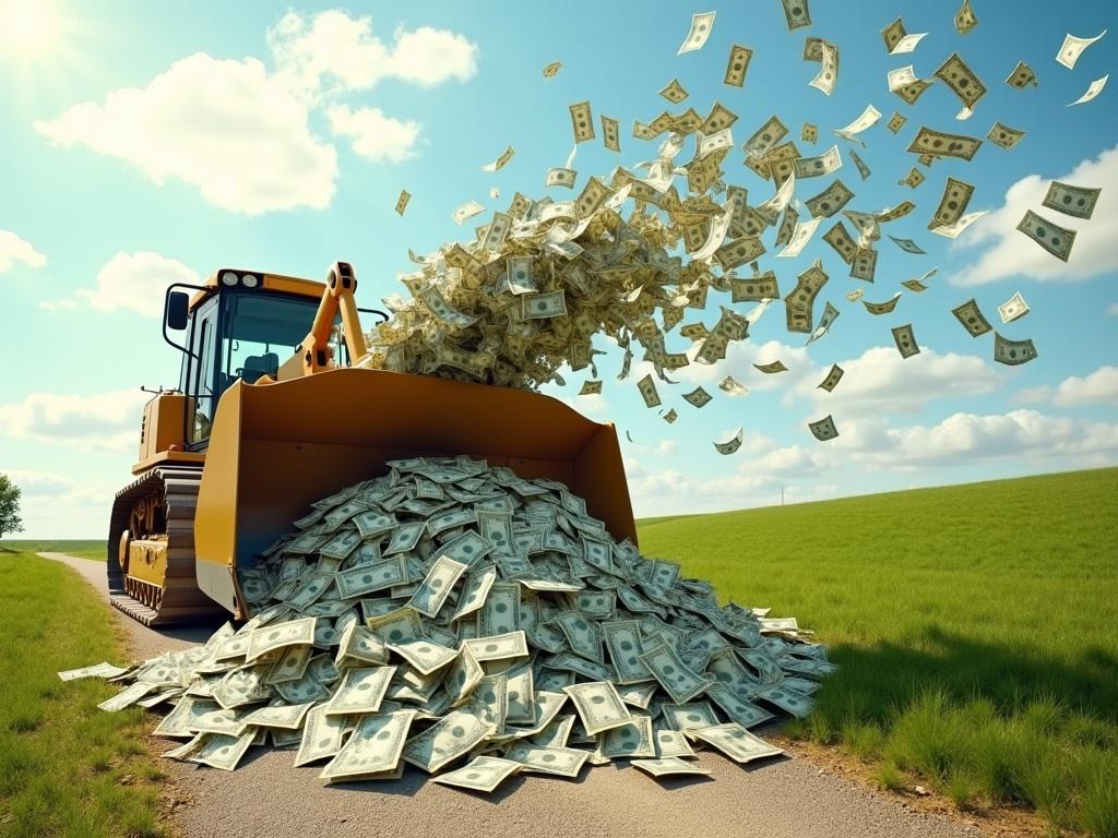 The image depicts a bulldozer in the background with its blade angled downwards. In front of the bulldozer, there is a large heap of dollar bills flowing outward as if being pushed by the machine. The banknotes are flying off in various directions, creating a sense of abundance. The scene is set outdoors with a green grassy area to the right and a pathway on the left. The sky is bright with puffy clouds, suggesting a sunny day. This imagery conveys a whimsical representation of wealth being moved or spread around.